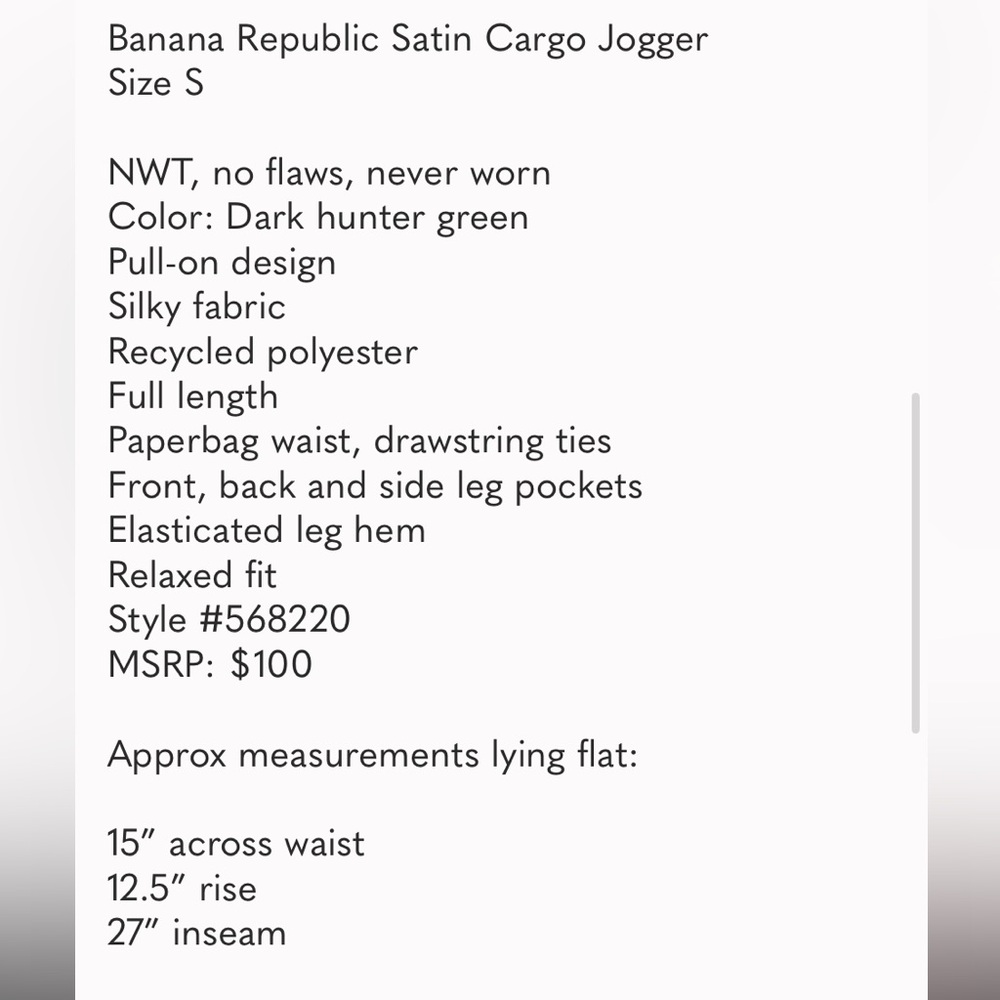 Banana Republic Satin Cargo Jogger Emerald Green Pockets Elastic Waist XS NWT - Picture 10 of 16